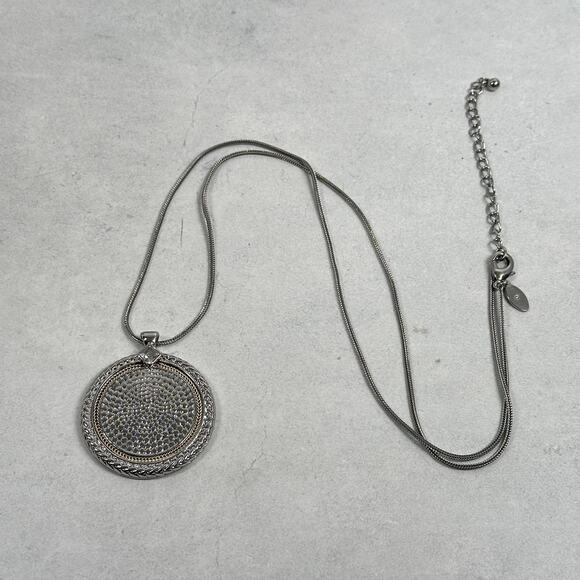 Chico's Two Tone Medallion Pendant Necklace Silver Gold Tone Crystal Adjustable - Picture 4 of 7